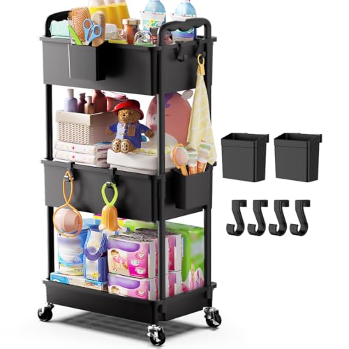Image of Goovilla Diaper Cart with Lockable Wheels and Easy Assembly, 3 Tier Black Rolling Cart for Baby Nursery Storage, Sturdy Ample Diaper Caddy Organizer for Baby Girl, Boy, New Mom, Newborn Essentials
