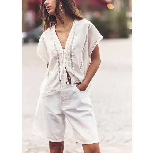 Women Y2k Sheer Lace Trim Button Up Tank Tops Cute Front Tie Up V Neck Going Out Blouse Shirts Vest Summer2