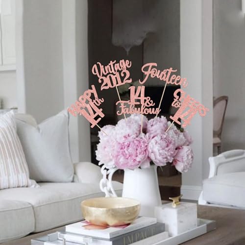 Image of 15 PCS 14th Birthday Centerpiece Sticks Fourteen Happy 14 Vintage 2012 Table Flower Centerpieces Sticks Cheers to 14 Fabulous Floral Decorations for 14th Birthday Party Supplies Rose Gold