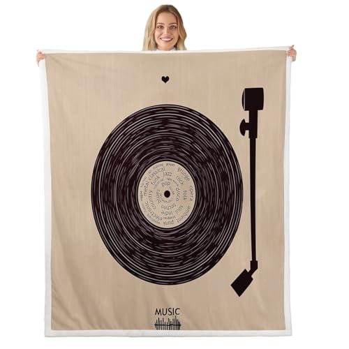 Music Theme Plush Bed Blanket Lettering Acoustic Vinyl Record Blanket Throw Retro Style Brown Bedding Set for Teens Adult Cardboard Classical Soft Microfiber Bedroom Decorative Sofa Couch Twin Size