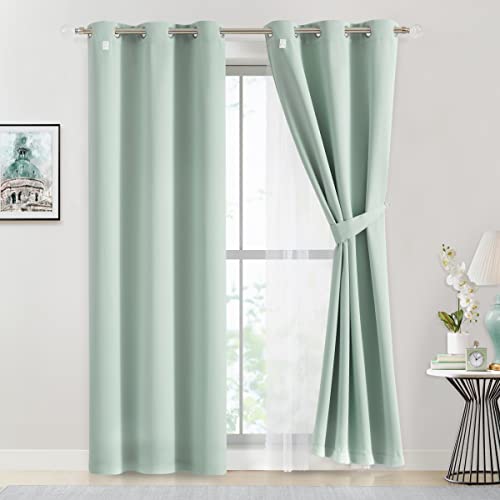 Image of Bujasso Aqua 80% Blackout Curtains with Sheer Overlay Mix and Match Double Layer Thermal Insulated Window Panels 84 inch for Living Room Bedroom Mint Green Drapes with Tiebacks Grommet Top 37 inchWx84 inchLx2