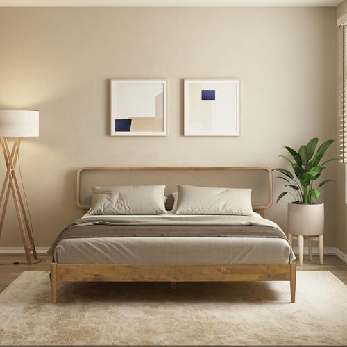 Image of NTC Lupin Wooden Bed Frame with Headboard, Solid Oak and Rubber Wood Foundation with Silent Slats and Wood Central Supports, 1000 Lb Capacity, King - Teak Look