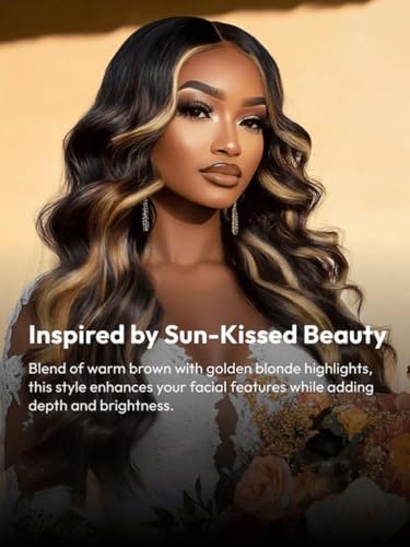 Image of Beauty Forever 7x5 Bye Bye Knots Loose Body Wave Dark Brown Wig with Face-Framing Highlights Bangs Glueless Wigs Human Hair Pre Plucked Pre Cut HD Lace Closure Ready to Go Wig 150% Density 18inch