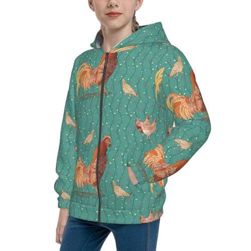 Rooster and a Hen Kids Pullover Hoodies Boys Zip Up Sweatshirts Girls Athletic Clothes with Pocket