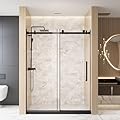 CAGUUIA 56-60" W x 76" H Frameless Sliding Shower Door, 1/4"(6mm) Clear Tempered Glass with Explosion Proof Film, Stainless Steel Handle & Square Tube Track, Quiet Slide & Water Barrier, Matte Black