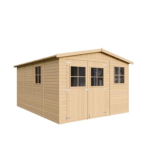 Abri de Jardin en Bois Naturel - Stockage extérieur avec fenêtres- H226x324x416 cm/12 m² Hangar en Bois Naturel - Atelier Rangement Outils et vélos- TIMBELA M336