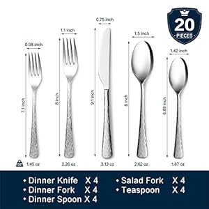 KINGSTONE Hammered Silverware Set, Flatware Set, 18/10 Stainless Steel Premium Cutlery with Unique Ripple Handles Design Mirror Polished - Dishwasher Safe (20-Piece) KINGSTONE Hammered Silverware Set Flatware Set 1810 Stainless Steel Premium Cutlery with Unique Ripple Handles Design Mirror Polished Dishwasher Safe 20 Piece