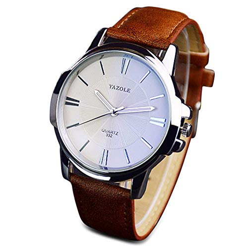 LinTimes Fashion Elegant Mens Watch Quartz Analog Business Leisure Wristwatch Brown Band White Dial