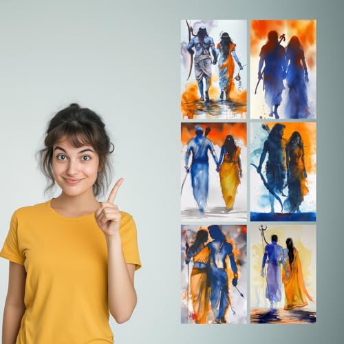 Image of SiddArtify Ramayana Watercolor Art Print Set - Blue - Orange - Gold - 300GSM Board - 12x18 Inch - Pack of 6 Wall Room Decoration art Poster Prints