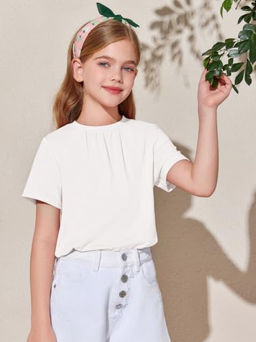 Haloumoning Girls Short Sleeve T Shirts Kids Summer Pleated Tops Casual Crewneck Tees 5-14 Years4