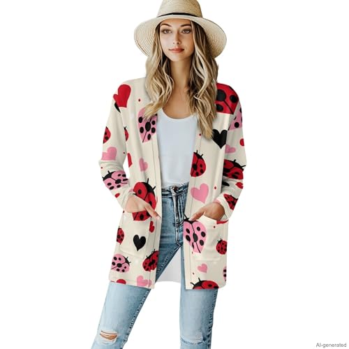 Image of Forchrinse Red Ladybug Cardigan for Women Causal Long Sleeve Open Front Cardigans Sweater Fashion 2024 Fall Coat with Pockets