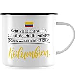 JUNIWORDS Emaille-Tasse, Sieht vielleicht so aus, als würde ich dir zuhören. Doch in Wahrheit denke ich an Kolumbien (1001372), Schwarzer Tassenrand