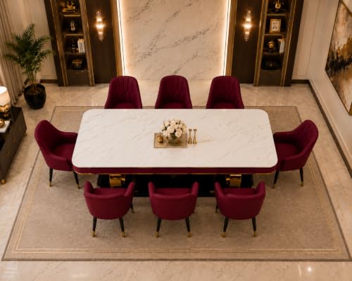 Image of 8-Seater Dining Table with Nano Composite Marble Top and PVC Golden Wooden Base |2yr Warranty - Includes 8 Fabric Upholstered Chairs