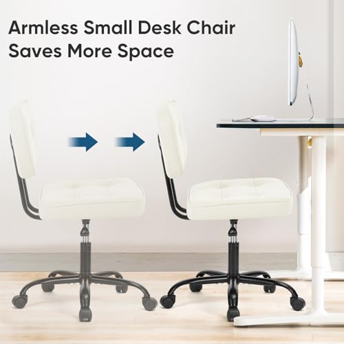 Image of DUMOS Home Office Desk Chair - Ergonomic Armless PU Leather Computer Rolling Task Chair with Comfy Lumbar Support and Height Adjustable, Vanity, Bedroom, Living Room, Ivory White