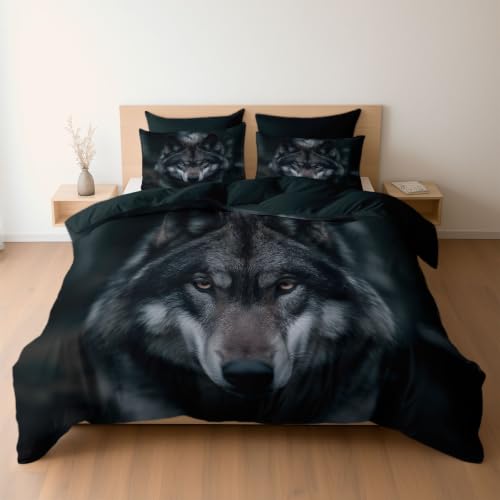 Housse de Couette Réversible Loup en Microfibre Douce Parure Lit Vert - 2