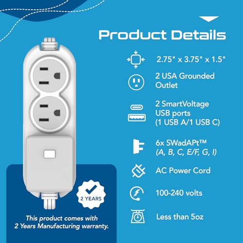 Image of Ceptics Travel Power Strip W / Adapter Plug Set - Equipped with USB, Type C for iPhone, Chargers, Cell Phones, Laptop - Plugs for Europe, Asia, China, USA, Africa, South America PS-2U