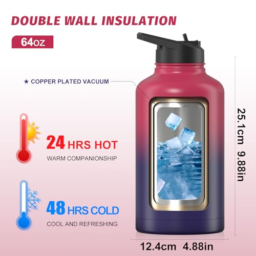 Image of 64oz Insulated Water Bottle (Cold for 48 Hrs),BPA Free&Leak Proof,Half Gallon Stainless Steel Water Flask,Water Jug with Straw Spout Lids for Gym,Hiking,Camping,Red Purple
