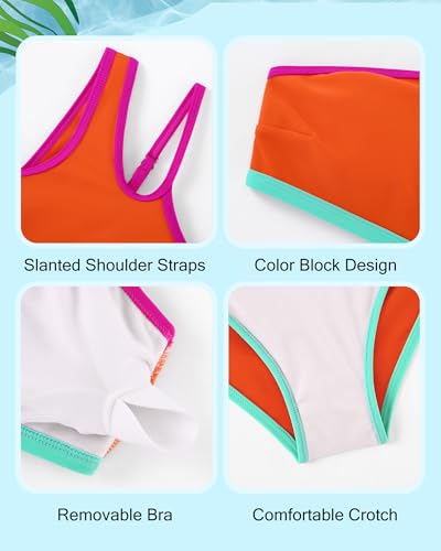 Image of Redair Girls Swimsuit Two Piece One Shoulder Bathing Suit with Chest Pad Color Block Bikini 7-16 Years