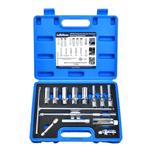 LainKeen Magnetic Spark Plug Socket Set 15PCS CR-V Thin Wall Socket 3/4 13/16 14mm 16mm 18mm with T-Shaped Extension Bar Universal Joint Spark Plug Gapper 8-12mm Glow Plug Removal Tool