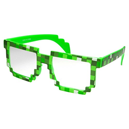grinderPUNCH Pixelated 8 Bit Buddy Clear Non Prescription Lens Kids to Adults Glasses/sunglasses (Green/clear)