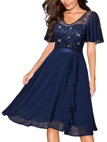 Cocktail Miusol Navy Dress Miusol Women's Sequin Lace V Neck Ruffle Style Cocktail Party