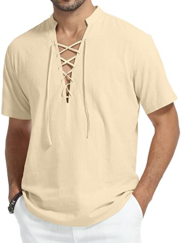 KUYIGO Men's Casual Cotton Linen Henley Shirt Lightweight Short Sleeve V Neck Pirate BohemianBeach Lace Up Shirts for Men Spring Khaki, Medium