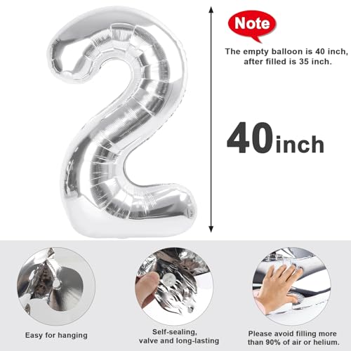 Image of 2 Balloon Numbers Birthday Decorations, 40In Silver Balloons for Men Women | Eye-catching Appearance, Perfect Decorative Centerpieces, Convenient Self-sealing Structure, Widely for Various Occasions