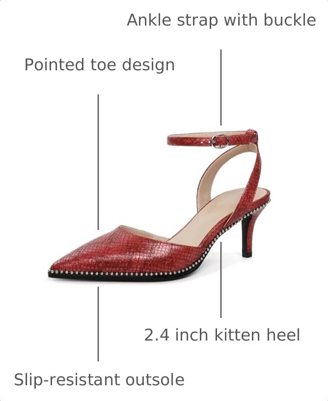 Image of SAMMITOP Kitten Heels for Women Low Heel Closed Toe Ankle Strap Pumps Wedding Party Beaded Dress Shoes 2.4 Inch