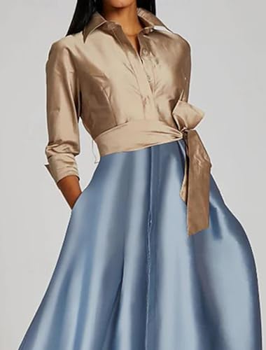 A-Line/Princess Minimalist Prom Dresses Shirt Collar 3/4 Length Sleeve Floor Length Satin Evening Party Gown Belt/Sash4