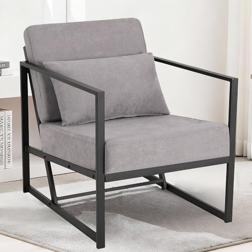 Mingone Sessel Gepolsterter Cocktailsessel Polstersessel Stuhl Relaxsessel aus Leinen Loungesessel mit Handläufen Eisengestell für Wohnzimmer, Hellgrau 1
