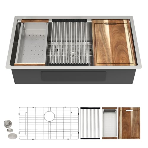 Image of 30 inchx18 inch Undermount Kitchen Sink - 16 Gauge 304 Stainless Steel, Ledge Workstation Under Counter Round Corners Single Bowl Sink Basin