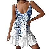 Sun Dresses for Women Mini Dresses for Women 2023 Summer Casual Cotton Linen Short Dress Sexy Low-Cut Adjustable Camisole Dress Beach Sundress Floral Print Casual Short Dresses My Orders