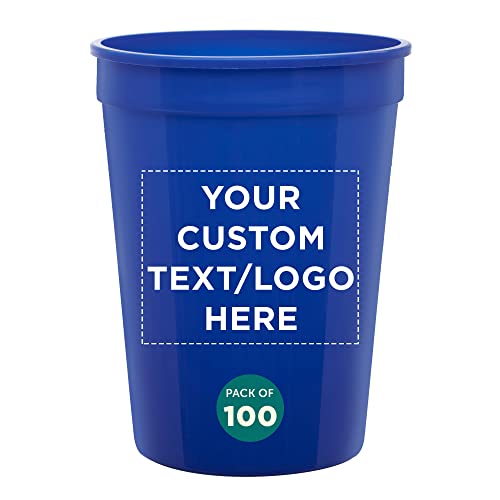 Custom Disposable Plastic Cups 12 oz. Set of 100, Personalized Bulk Pack - Perfect for Summer, Sporting Events, Birthdays, Weddings, Picnic, Beach, Parties - Reflex Blue