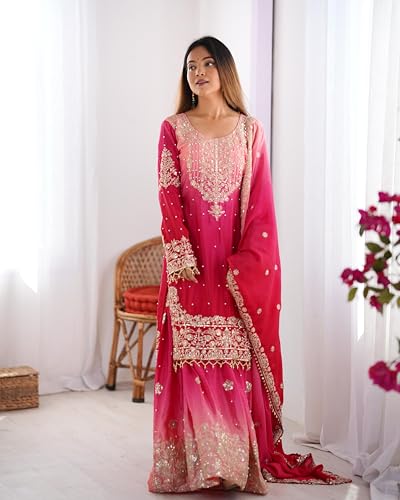 Image of Pandadi Saree Women's Chinon Silk Embroidery Kurta Sharara Set With Dupatta.