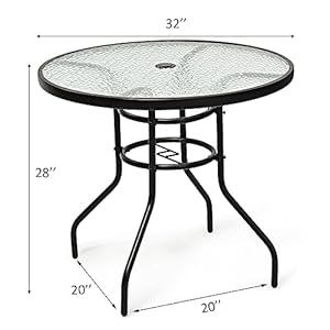 KOTEK 32'' Patio Table with Umbrella Hole, Outdoor Bistro Table w/Tempered Glass Top & Sturdy Metal Frame, Round Patio Dining Table Coffee Table for Garden, Balcony, Poolside KOTEK 32 Patio Table with Umbrella Hole Outdoor Bistro Table wTempered Glass Top Sturdy Metal Frame Round Patio Dining Table Coffee Table for Garden Balcony Poolside