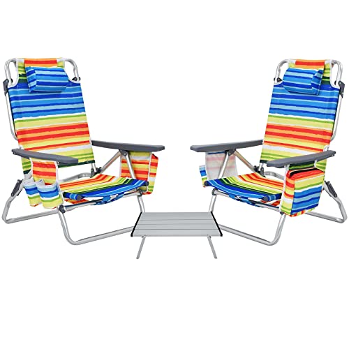 Image of Giantex Folding Beach Chair, Patio Sling Chairs with 5 Adjustable Position, Head Pillow, Storage Bag, Towel Bar, Cup Holders, Backpack Chairs for Sunbathing, Camping Chair