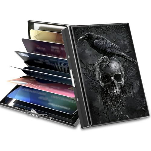 Slim Credit Card Holder, Crow Skull RFID Blocking Metal Wallet for Men & Women, Aluminum Minimalist Hard Case Pocket-Sized Business Cards Organizer (Fits Up to 10 Cards)