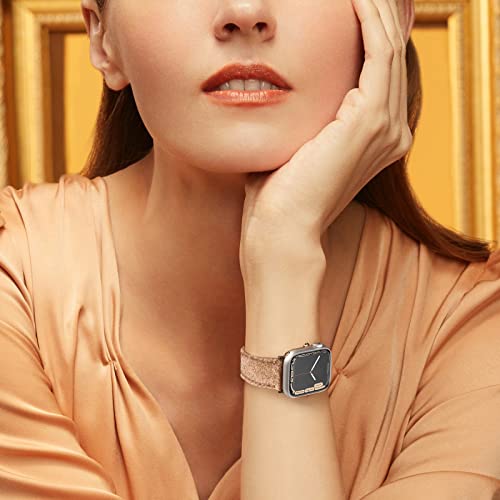 Swees Leather Band Compatible For Iwatch 38Mm 40Mm, Genuine Leather Replacement Strap Rose Gold Buckle Compatible Iwatch Series 6 5 4 3 2 1 Sports & Edition Women And Men, Glitter Rose Gold #TOP5