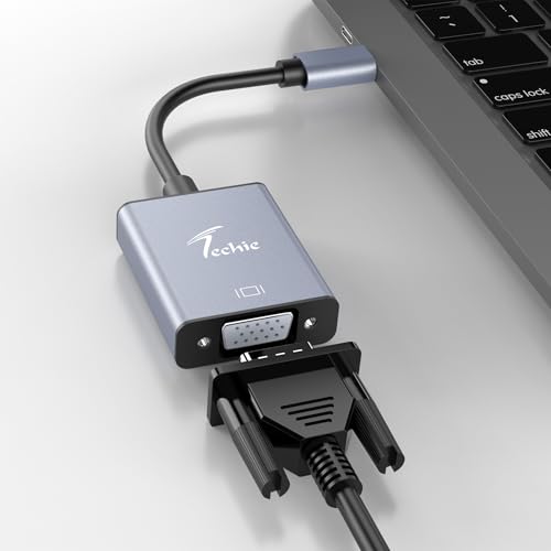 Image of Techie Type-C to VGA Display Adapter | 1080p 60Hz | Plug-and-Play Connection from USB-C Laptop, MacBook or Tablet to VGA Projector or Monitor | ABS Body | Black