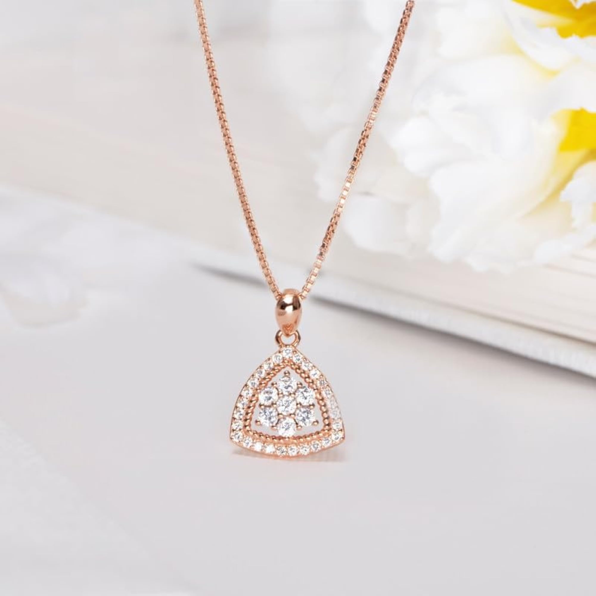 Women's 925 Sterling Silver Triangular Cubic Zirconia Pendant Chain, Rose Plated