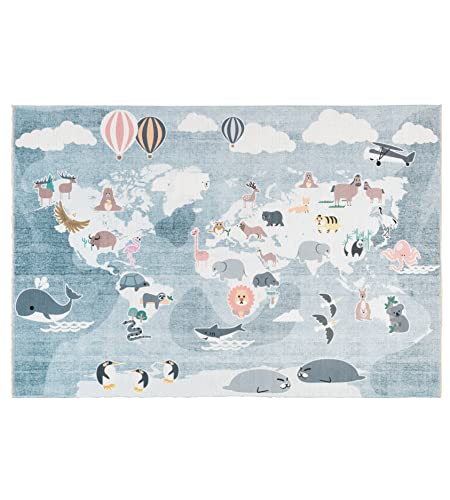 TESSO LIVING Kinder-Teppich, Spielteppich, Kinderzimmer, Waschbar, Antirutsch, Weltkarte, Erde,...