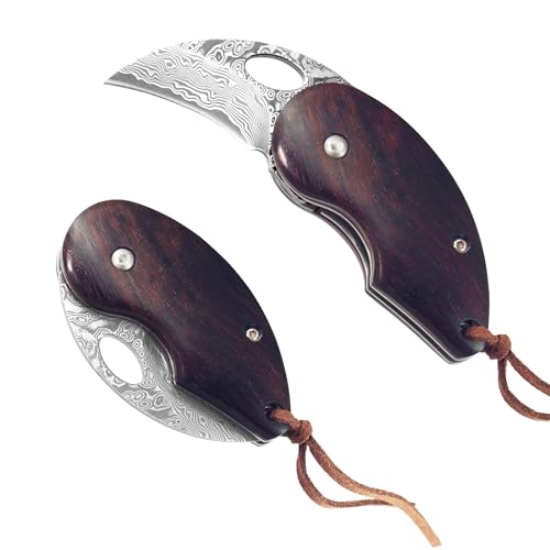 EZKIT Damascus Pocket Knife, Small Folding Wood Handle EDC Knife, Blade Length 2in