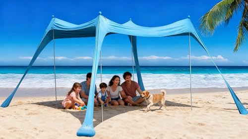 Floving Strand Schatten Zelt Markise 10x10 FT Strand Sonnencreme wasserdichte leichte Blockierung und elastische Sonnenschirm Strandmuscheln (Blau, XL)