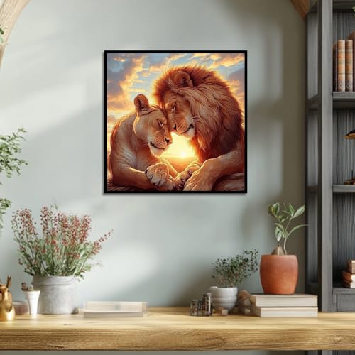 Image of Diamond Paintings Kits for Adults Beginners, Full Round Drill Diamond Arts Kits for Adults, Lion Couple Paint by Diamonds, 5D DIY Diamond Painting Dot Gem Art, for Home Wall Decor 13.8x13.8 Inch