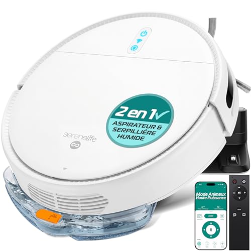 SereneLife Robot Aspirateur Laveur 3-in-1 – Auto-Recharge, Anti-Chute, Nettoyage Automatique, Robot Laveur pour Sols Durs, Tapis et Poils Animaux, 3 Modes, Blanc