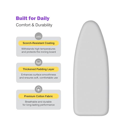 Image of Ironing Board Cover and Pad 18x49 Large, Extra Thick Natural Cotton, Silicone Coated, Scorch Resistant, Elastic Edge with Hook Loop Strap, Wide Iron Board Padding, Heatproof Silver