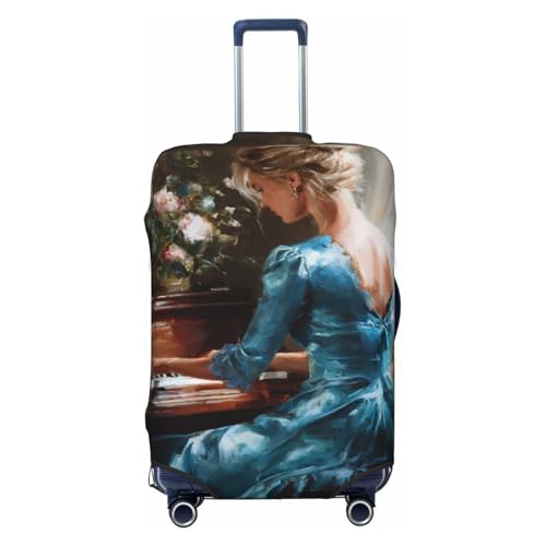 Beautiful Woman Playing The Piano Elastic Travel Luggage Covers Dustproof Scratch-Resistant Suitcase Protector Fit 22-24 Inch