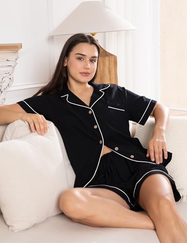 Image of Womens Muslin Pajama Set 100% Cotton Double Gauze Linen Like | Breathable Soft Comfort Button Up Loungewear Sleepwear PJ Set