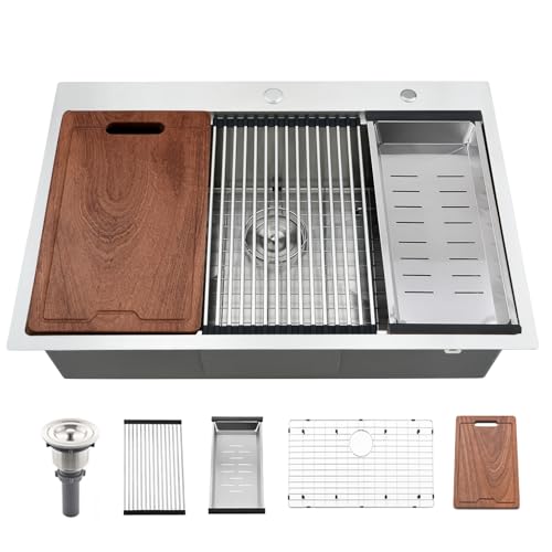 Bokaiya 33x22 Drop In Kitchen Sink, 33 Inch All In One SUS304 Stainless Steel Top Mount Single Bowl Overmount Workstation Sink with Built In Accessories, Brushed Nickel