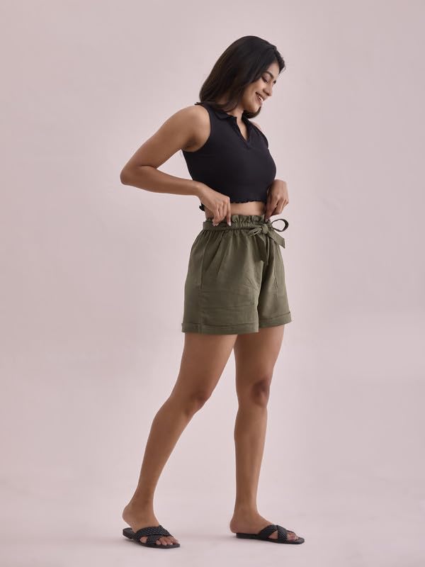 Image of GO COLORS Women Solid High Rise Relaxed Fit Linen Shorts